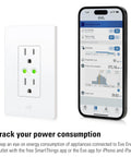 Matter Enabled Smart Outlet 3 Pack With Power Meter, App And Voice Control, shown with phone app interface, monitoring energy use.