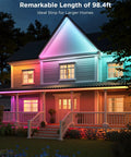 Outdoor LED Strip Lights 98.4 Feet Smart RGBIC Tape Lights illuminate a patio with vibrant colors, ideal for eaves and garden accent lighting.