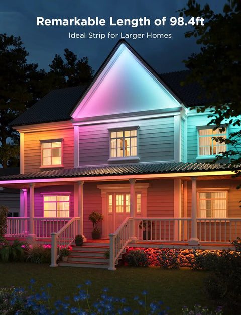 Outdoor LED Strip Lights 98.4 Feet Smart RGBIC Tape Lights illuminate a patio with vibrant colors, ideal for eaves and garden accent lighting.