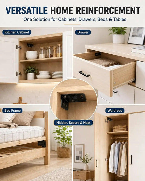 Beefy Heavy Duty L Shaped Furniture Bracket Set with 2 in 1 Locking Insert in cabinets, drawers, bed, and wardrobe
