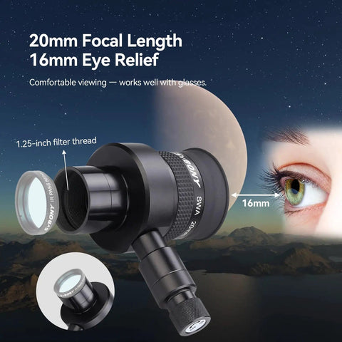 Illuminated Crosshair Reticle Eyepiece 1.25 Inch, 20mm Vision For Guided Astrophotography And Guide Scopes with eye relief detail