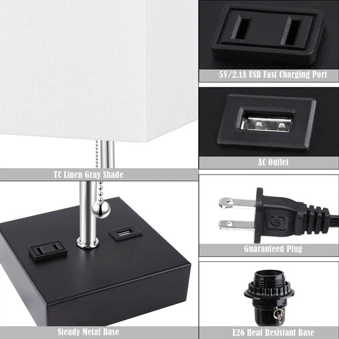 Three Color Temperature USB Table Lamp For Bedroom And Desk, Nightstand Light With USB Port And AC Outlet, metal base close-up