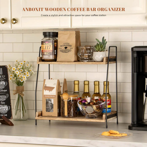 Countertop Coffee Station Organizer With Two Tier Wood Shelves For All Your Coffee Bar Gear And Condiment Storage In Brown Finish