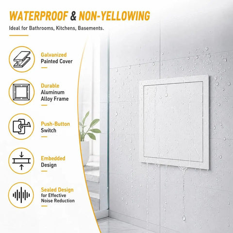 Heavy Duty Aluminum Flush Mount Access Panel shown embedded in a bathroom wall, featuring a waterproof design.