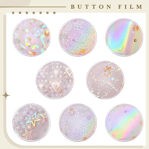 Eight styles of badge protective film, 85mm holographic glitter for 58mm button maker machines, DIY badges supplies