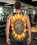Men Sleeveless Muscle Tank Top Featuring Mechanical Sunflower Gear Design, back view in gym setting, quick dry breathable mesh.