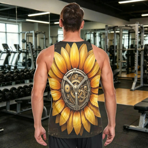 Men Sleeveless Muscle Tank Top Featuring Mechanical Sunflower Gear Design, back view in gym setting, quick dry breathable mesh.