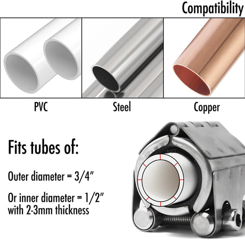 Installed Vouyar pipe repair clamp for 3/4 in outer / 1/2 in inner pipes, 2–3 mm thick, emergency leak sealer for plastic and metal pipes