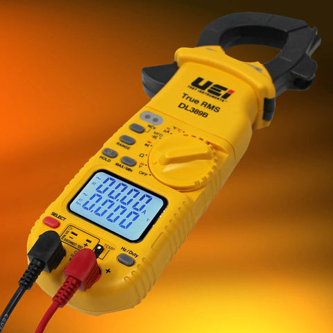 True RMS Dual Display Clamp Meter With Auto Ranging, Low Battery Indicator, Temperature Calibration In Fahrenheit Or Celsius Readouts, Auto Power Off, Durable Yellow Design, 3 Year Warranty, yellow clamp meter with probes