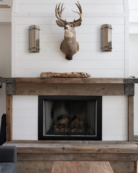 Rustic mantel with deer head and Industrial Wall Sconces Set Of Two With Walnut Wood And Black Metal Vintage Rustic Lantern Style Wall Lighting Fixtures E26 Base 2700K Bulbs perfect for cozy vibes
