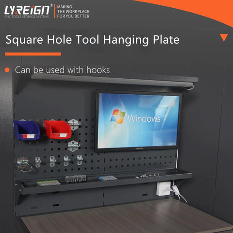 Heavy Duty Mobile Tool Storage Organizer With Light Strip CNC Tool Rack shown on a warehouse wall with tools and monitor