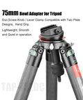 Solid 75 Mm Leveling Half Ball Adapter With Fast Turn Lever Lock on tripod, showing lightweight design, handle, and lever clamp.