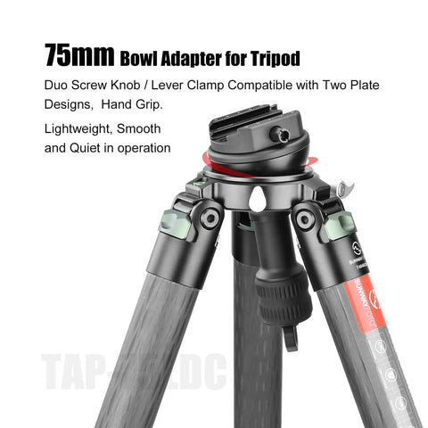 Solid 75 Mm Leveling Half Ball Adapter With Fast Turn Lever Lock on tripod, showing lightweight design, handle, and lever clamp.
