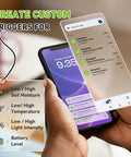 Smartphone displaying app for All In One App Remote Monitoring WiFi Soil Meter For Plants With Moisture Temperature And Light Sensors.