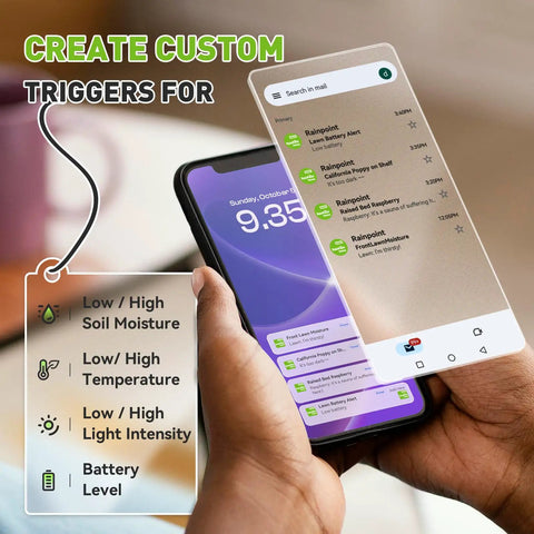 Smartphone displaying app for All In One App Remote Monitoring WiFi Soil Meter For Plants With Moisture Temperature And Light Sensors.