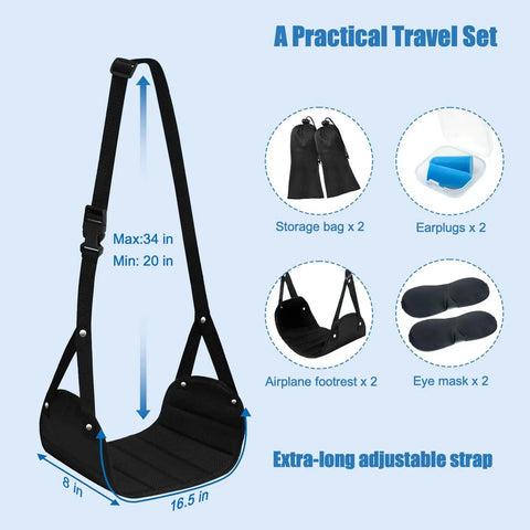 2 Pack Foot Hammock For Plane Travel Portable Airplane Foot Rest Leg Hammock, includes straps, blindfolds, and earplugs