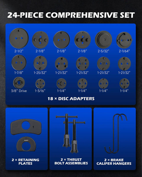 18 disc adapters, 2 retaining plates, thrust bolt assemblies, and caliper hangers from 2 In 1 Brake Caliper Compression Tool Set