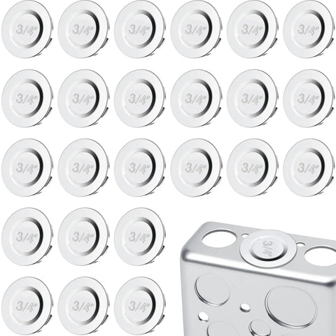 24 Pcs Three Quarter Inch Knockout Seals For Electrical Boxes Plug And Seal Kit shown with steel electrical box