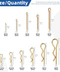208 Piece Cotter Pin And Hairpin R Clip Set With 11 Sizes For Small Engines And Automotive Work, size chart display.