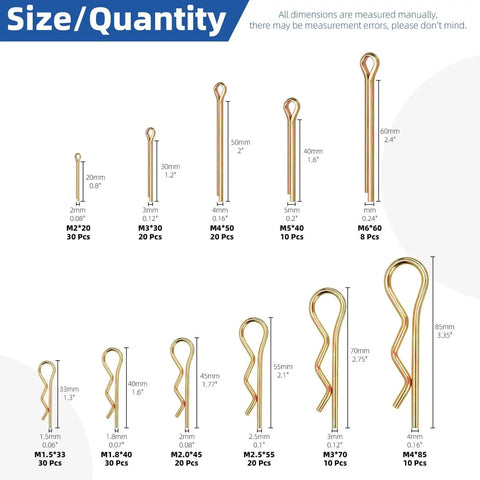 208 Piece Cotter Pin And Hairpin R Clip Set With 11 Sizes For Small Engines And Automotive Work, size chart display.