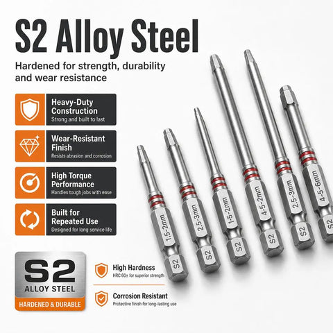 Six-Piece Magnetic Hex Screwdriver Bit Set with Universal Multi-Size Step Design in S2 Alloy Steel material description