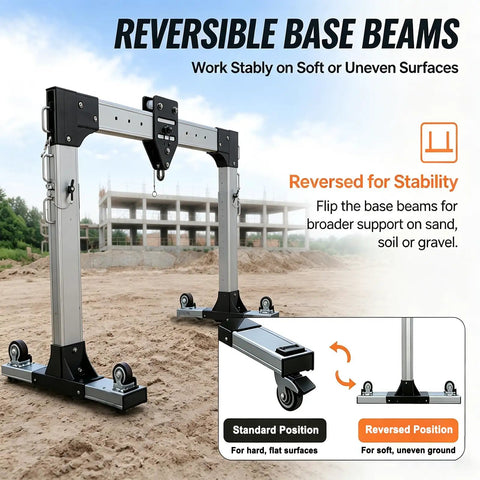Portable Aluminum Gantry Crane Cranks Out A Rock Solid 4400 Lbs Capacity with reversible base beams for stability on uneven surfaces.
