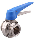 Blue Trigger 1.5 Inch Tri Clamp Butterfly Valve Made From 304 Stainless Steel Clover Body, 13 Position Handle, front view