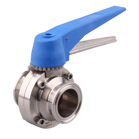 Blue Trigger 1.5 Inch Tri Clamp Butterfly Valve Made From 304 Stainless Steel Clover Body, 13 Position Handle, front view