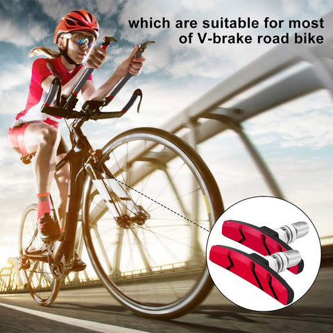 Cyclist on road bike, inset shows 70mm red brake pads. Bike Brake Pads Set for Road and Mountain Bikes, 6 Pcs V-Brake Blocks.