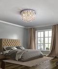 Elegant bedroom with Shimmering Crystal Chandelier Lighting For Bedroom Living Room Hallway Bar And Dining, 8 Lights, Dope Modern Chrome Flush Mount Ceiling Light, 15.75 Inch Wide G9 Bulbs Not Included illuminating the space.