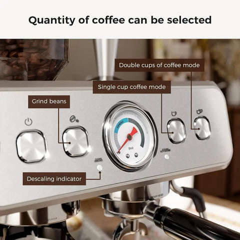 Close-up of controls on All In One Espresso Machine With Built In Grinder, 20 Bar Pressure, 58mm Commercial Portafilter, Milk Frother