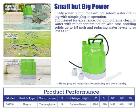 Front view of Green Expert submersible sump pump with 25 ft power cord; 1/4 HP, 1800 GPH.