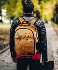 Person wearing a Kawaii Mini Cow Clay Art Printed Backpack For Everyday Use, unisex large capacity daypack with durable zipper, outdoors.