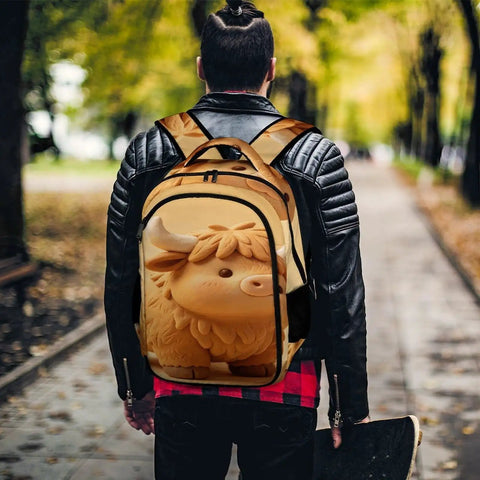 Person wearing a Kawaii Mini Cow Clay Art Printed Backpack For Everyday Use, unisex large capacity daypack with durable zipper, outdoors.