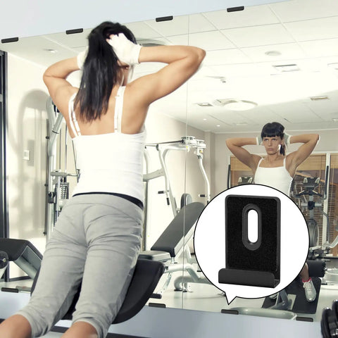 6 Piece Heavy Duty Metal Mirror Clips Set For Wall Mounting Powder Coated Rust Resistant J Brackets With Bulletproof Grip and Easy Zero Hassle Setup For Big Heavy Mirrors Matte Black attached to gym mirror.