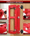 Pro Grade Aluminum Door Hinge Jig and Adjustable Mortise Router Template with hinge length guide on wooden door.
