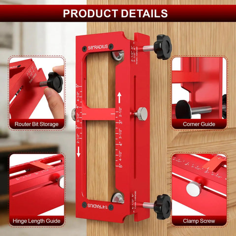 Pro Grade Aluminum Door Hinge Jig and Adjustable Mortise Router Template with hinge length guide on wooden door.