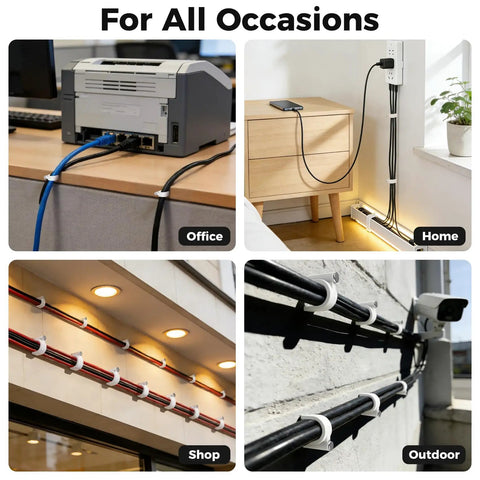 Collage of 200 Pcs Nail In Cable Clips White For Ethernet Coax And Speaker Cables Wire Wall Clips Self Nail In 7mm Cat6 Cable Management Tacks Outdoor UV Resistant Easy Install No Fuss DIY in office, home, shop, and outdoor settings