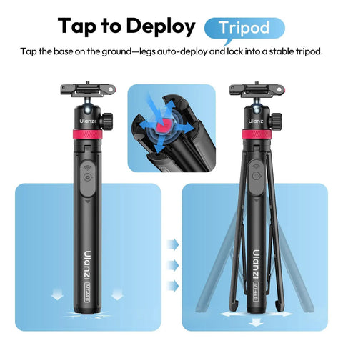 Auto Pop Open Phone Tripod With Remote, No Fuss Setup, 59 Inch Selfie Stick, showing auto-deploy feature with dual mount
