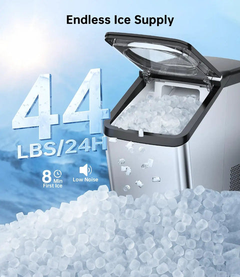 Nugget Ice Maker Countertop With Self Cleaning Delivers 44 Lbs In 24 Hours Of Chewable Nugget Ice Pellet Style in silver.