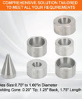 Five Piece Folding And Reduction Die Set With Heavy Duty Stainless Steel Stabilizer shown with various sized cone dies for coin making