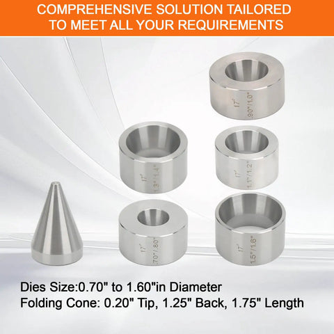 Five Piece Folding And Reduction Die Set With Heavy Duty Stainless Steel Stabilizer shown with various sized cone dies for coin making