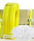 No Sweat Polypropylene Banding Strapping Kit With Dead Simple Dual Handle Packaging Tensioner and Tough Yellow Plastic Strap Rounds.