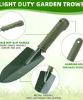 Light duty garden trowel with metal blade and green grippy plastic handle, featuring a hanging hole for storage.