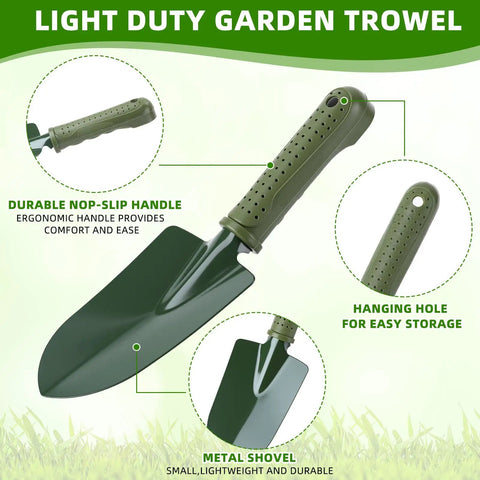 Light duty garden trowel with metal blade and green grippy plastic handle, featuring a hanging hole for storage.