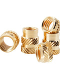 Brass Heat Insert Nuts Kit M2 To M8 Set With Double Twill Knurled Threads, Includes M6x9mm 10pcs, Durable Quick Install Fasteners For 3D Printing, DIY Projects, Electronics Enclosures, And Hobby Builds. brass threaded inserts shown in different angles