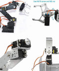 6DOF Aluminum Robotic Arm Kit With Clamp Claw No Soldering Required Unassembled Parts shown with clamp and assembly instructions