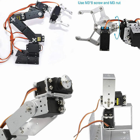 6DOF Aluminum Robotic Arm Kit With Clamp Claw No Soldering Required Unassembled Parts shown with clamp and assembly instructions