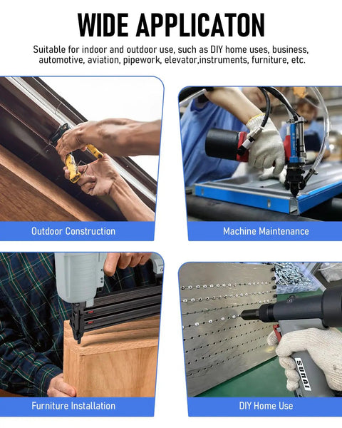 Collage showing the use of a 1000 Piece Black Pop Rivet Kit With 14 Sizes And 304 Stainless Steel Washers in various metal project applications