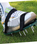 Adjustable Lawn Aerator Shoes Straps, Spiked Sandals For Soil Aeration, displayed on a sneaker with heavy-duty spikes